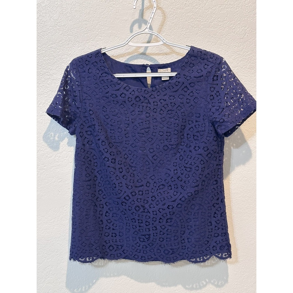 J Crew Lace Blouse womens Size 0 Short Sleeve Top Dark Blue Lined Scalloped Hem